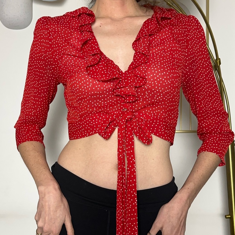 Red wrap polka dot crop top